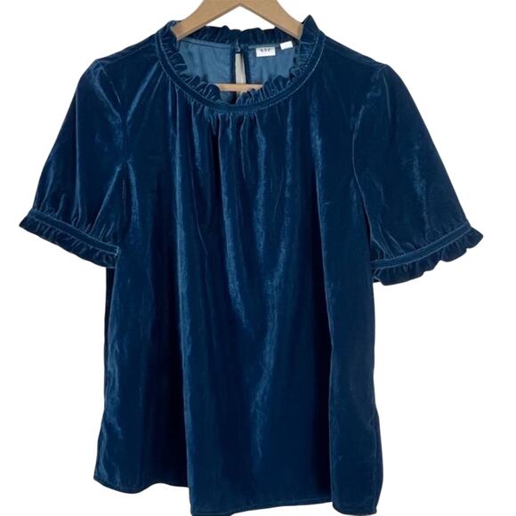 Gap Blouse Womens S Blue Velvet Ruffle Cottagecore Puff Sleeve Peasant Edwardian - Picture 1 of 4